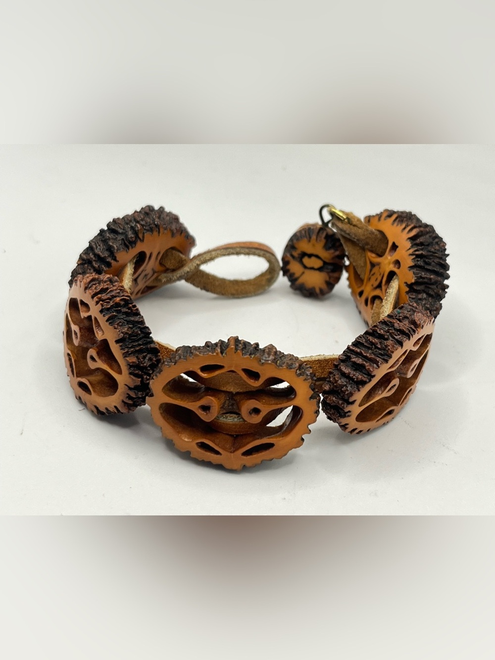 Artisan Carved Black Walnut & Leather Bracelet